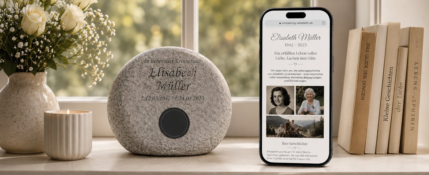 Granit-Erinnerungsstein auf einer Fensterbank im Wohnzimmer, daneben ein Smartphone mit der erzählten Lebensgeschichte